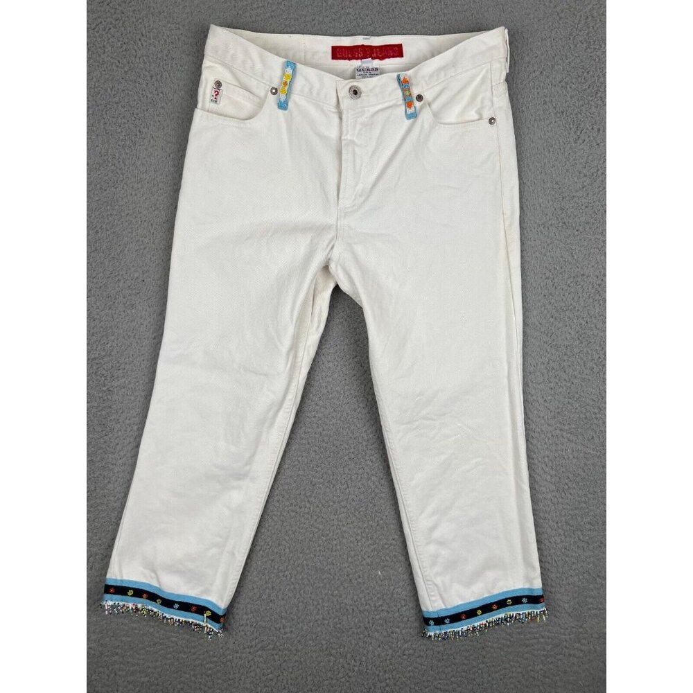 Vintage Guess Jeans Beaded Fringe Capri W/Beaded Ankle & Belt Loops 30x23
